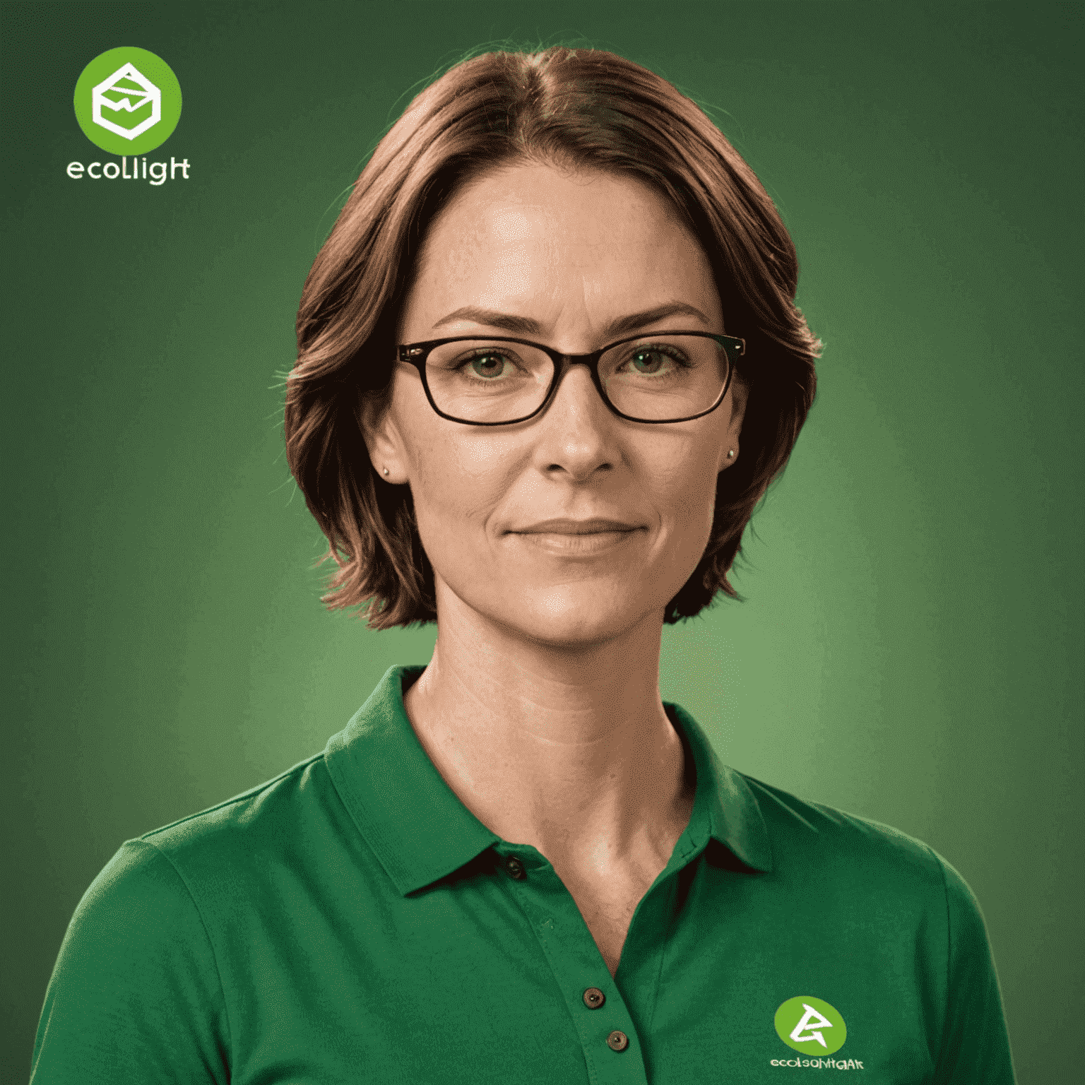 Portrait of Sarah Thompson, a woman in her 30s with short brown hair and glasses, wearing a green polo shirt with the EcoLight logo