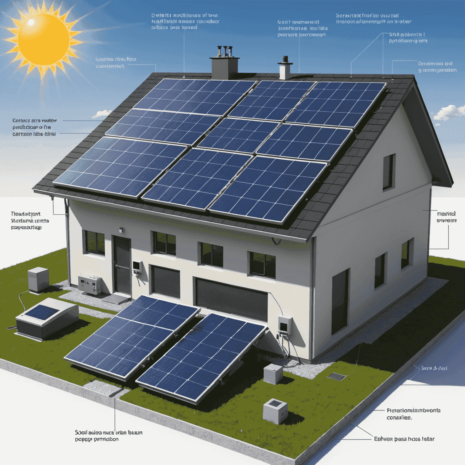 Diagram showing components of a solar panel including photovoltaic cells, inverter, and connection to home power system