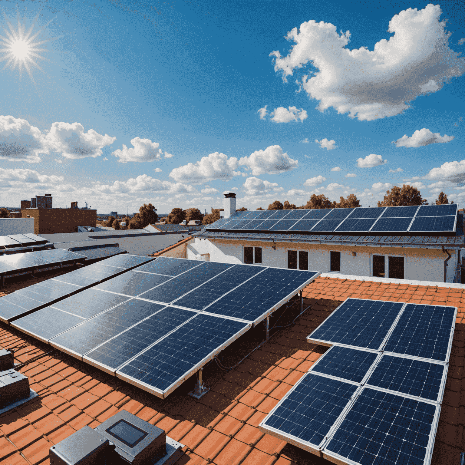 A rooftop with several solar panels installed, capturing sunlight on a clear day. The panels are angled to maximize sun exposure, with a backdrop of blue sky and fluffy white clouds.