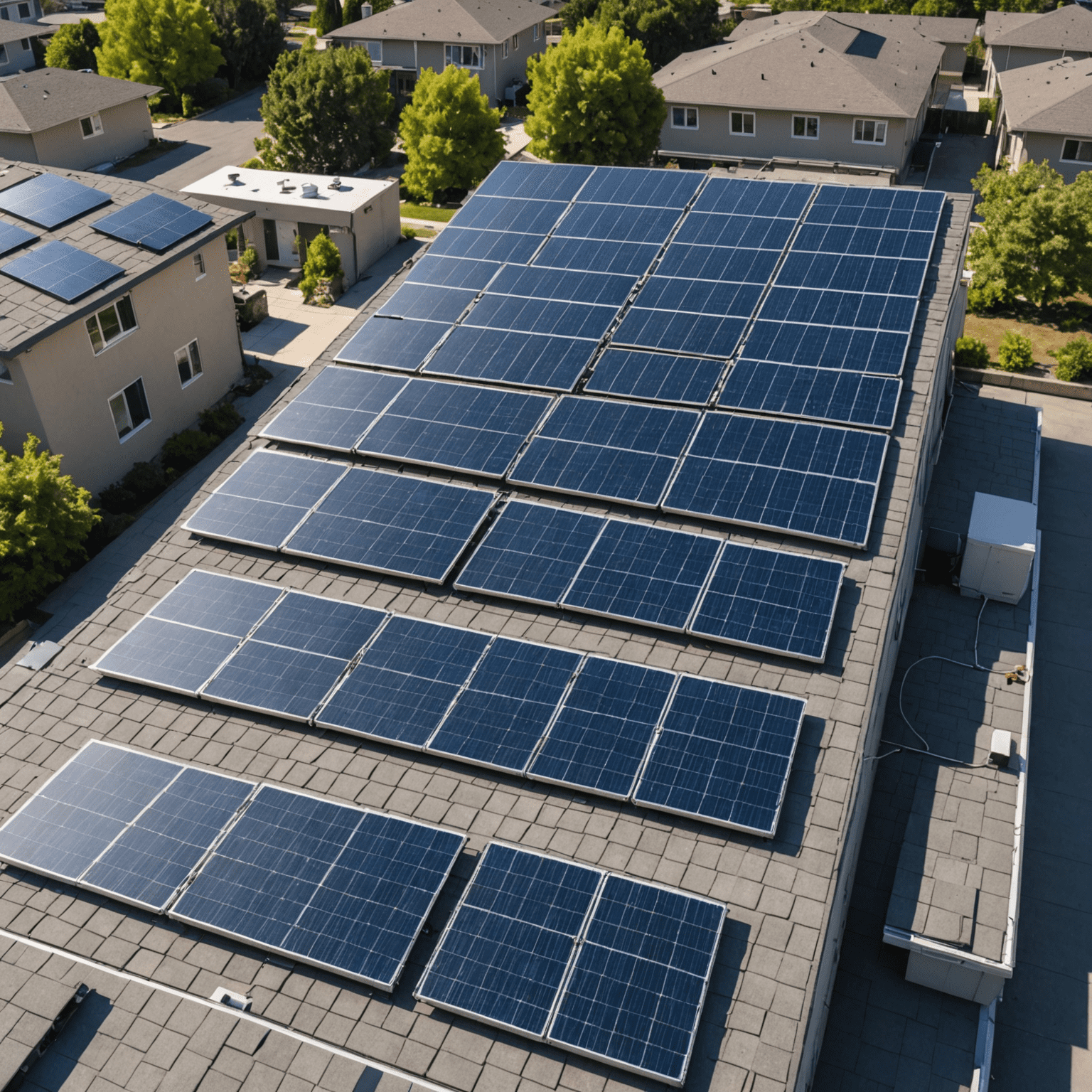 An array of solar panels on a residential rooftop, capturing sunlight on a clear day. The panels are arranged in neat rows, showcasing different types and sizes of solar panels.