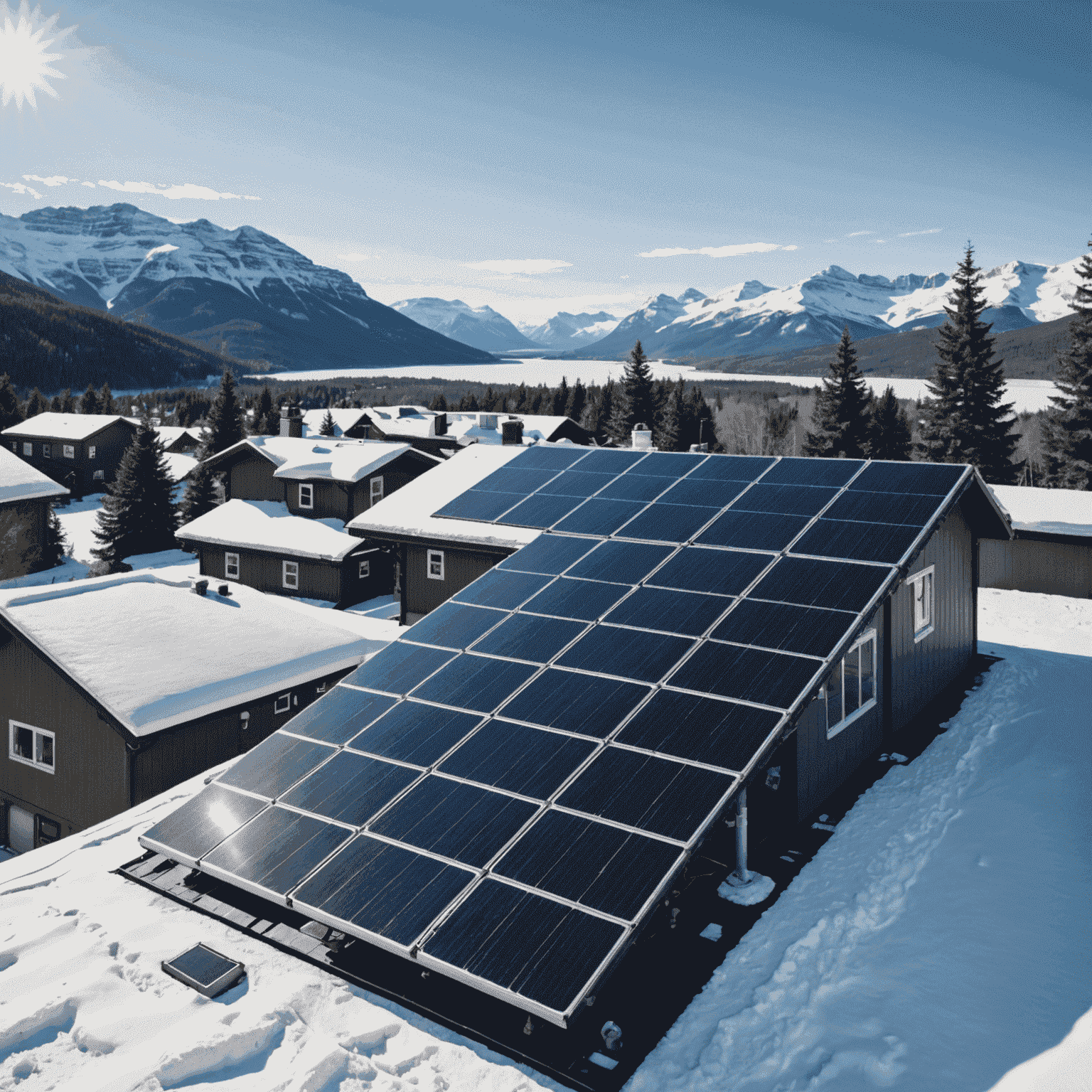 Solar panels installed on a rooftop with a snowy Canadian landscape in the background, showcasing the contrast between technology and nature