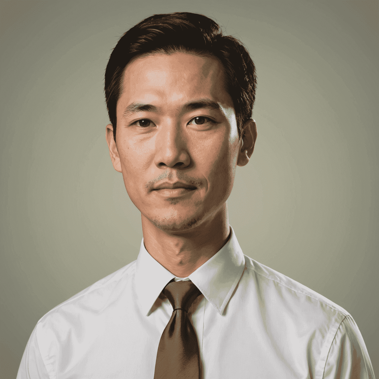 Portrait of Michael Chen, a man in his 40s with black hair, wearing a white shirt and olive green tie