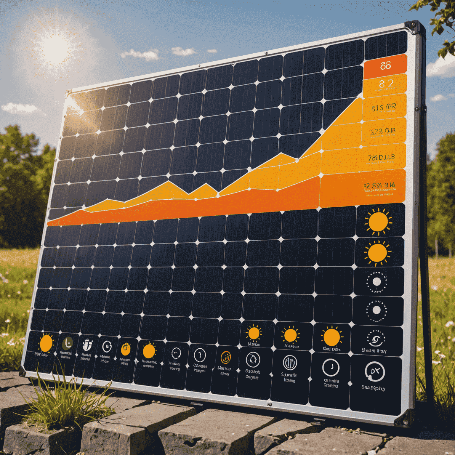 A comparison chart of different solar panel types with efficiency ratings and cost indicators. The image has a warm, slightly desaturated tone and includes icons representing durability and energy output.