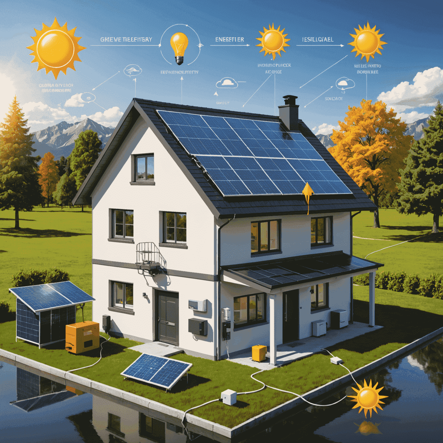 Diagram showing the flow of electricity from solar panels through an inverter to a house, with arrows indicating the direction of energy flow. The diagram includes icons for the sun, solar panels, inverter, and a typical home.