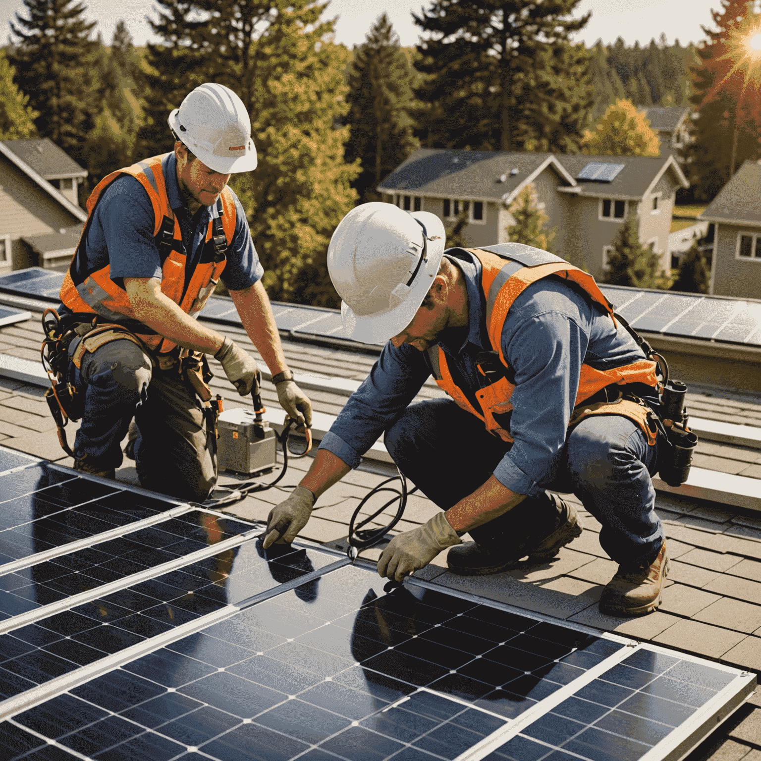 A series of images showing the step-by-step process of solar panel installation, from roof preparation to final connection. The image has a warm, slightly desaturated tone and includes workers in safety gear.