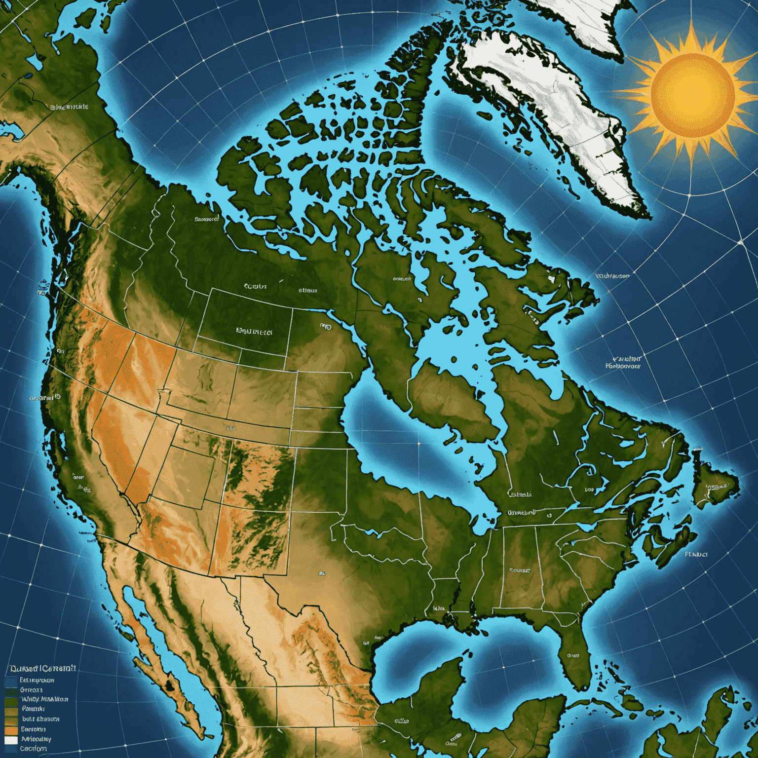 Map of Canada showing optimal solar panel positioning and efficiency rates in different regions