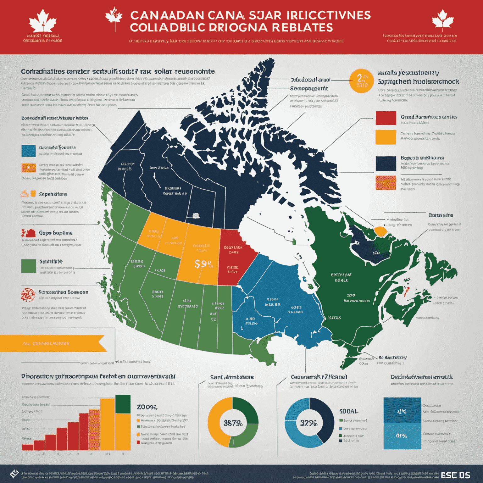 Infographic showing various Canadian solar incentives, tax credits, and rebates by province